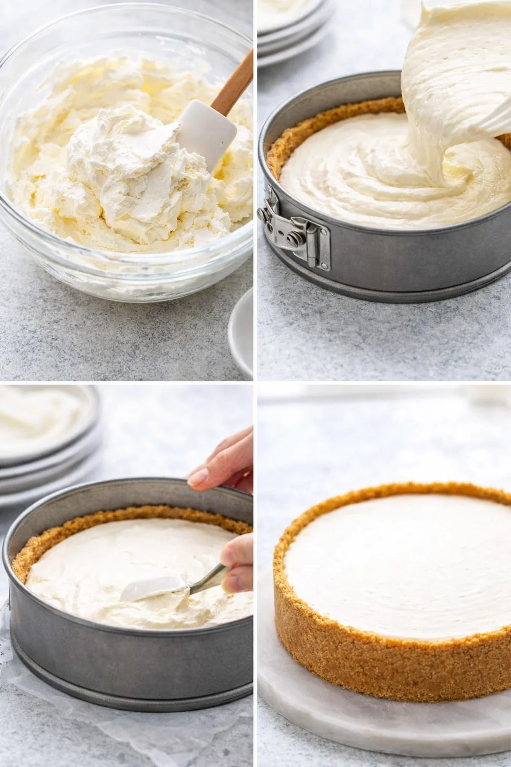 Light, airy filling being folded and poured over crust, then smoothed level inside springform.