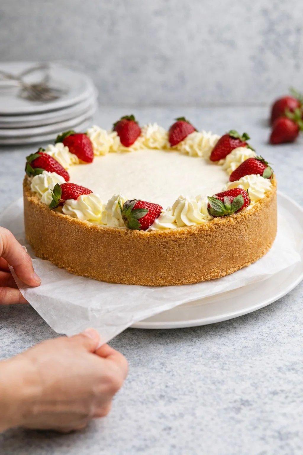 Cheesecake slid onto serving plate using parchment overhang, then topped with piped cream and strawberries.