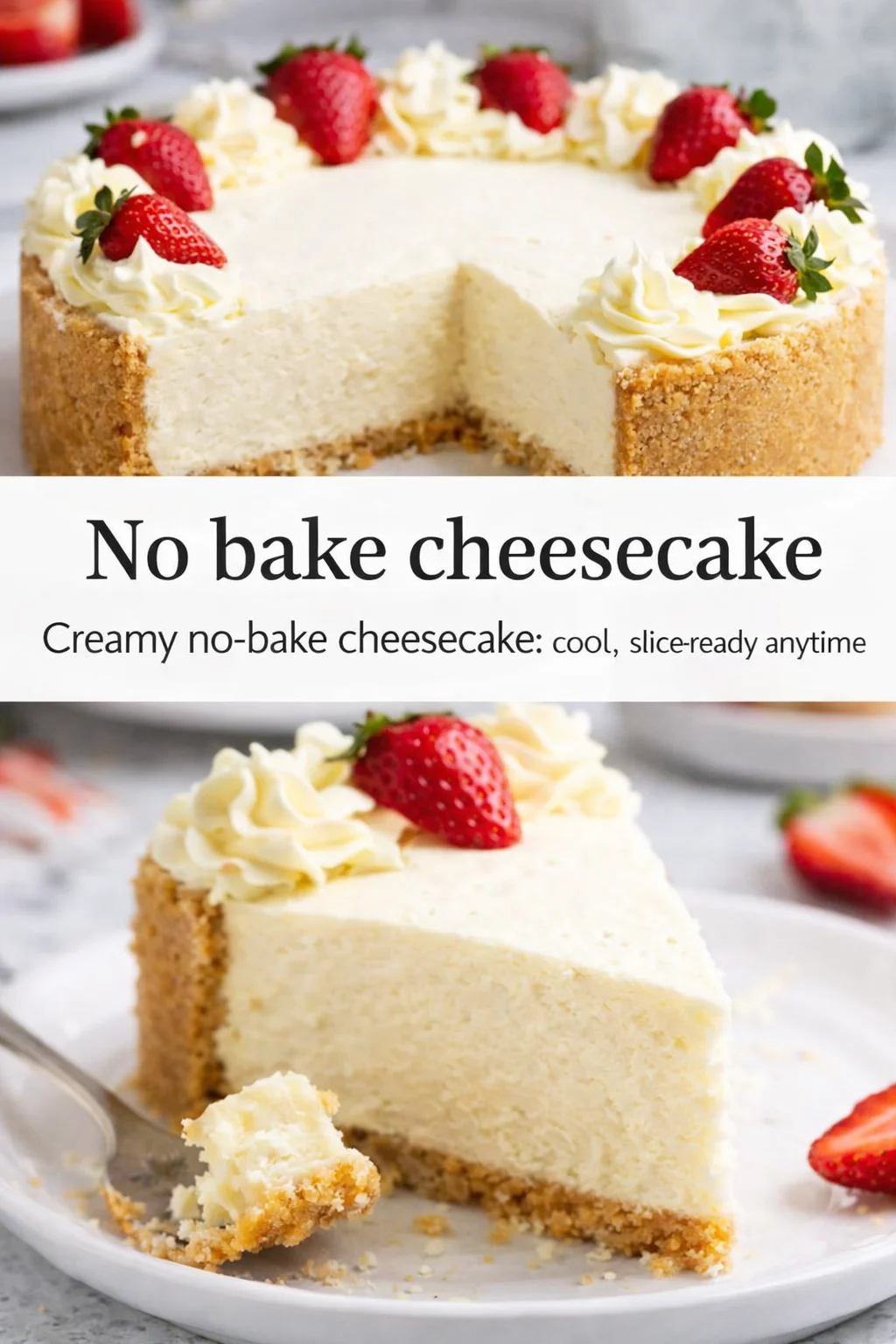 Pinterest-style image for No bake cheesecake with centered text overlay
