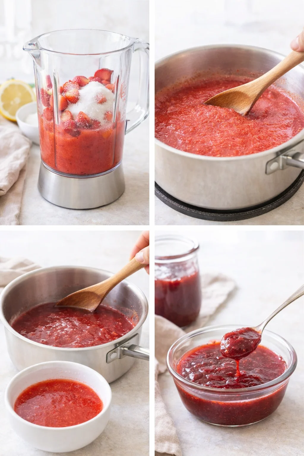 Strawberry puree simmering in saucepan while a spoon transfers half the syrup into a bowl