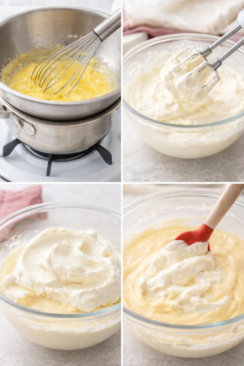 Whisked egg yolks cooling in bowl beside whipped mascarpone being folded with a rubber spatula
