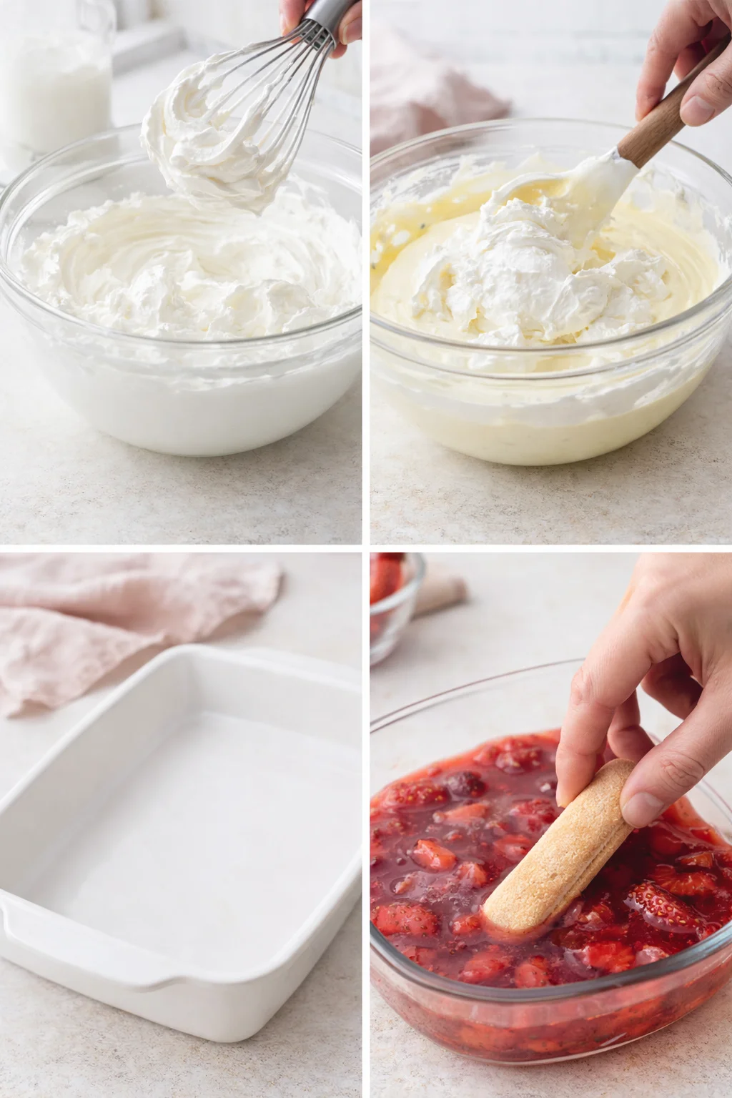 Whipped cream peaks folded into mascarpone mixture while ladyfingers are briefly dunked into cooled syrup