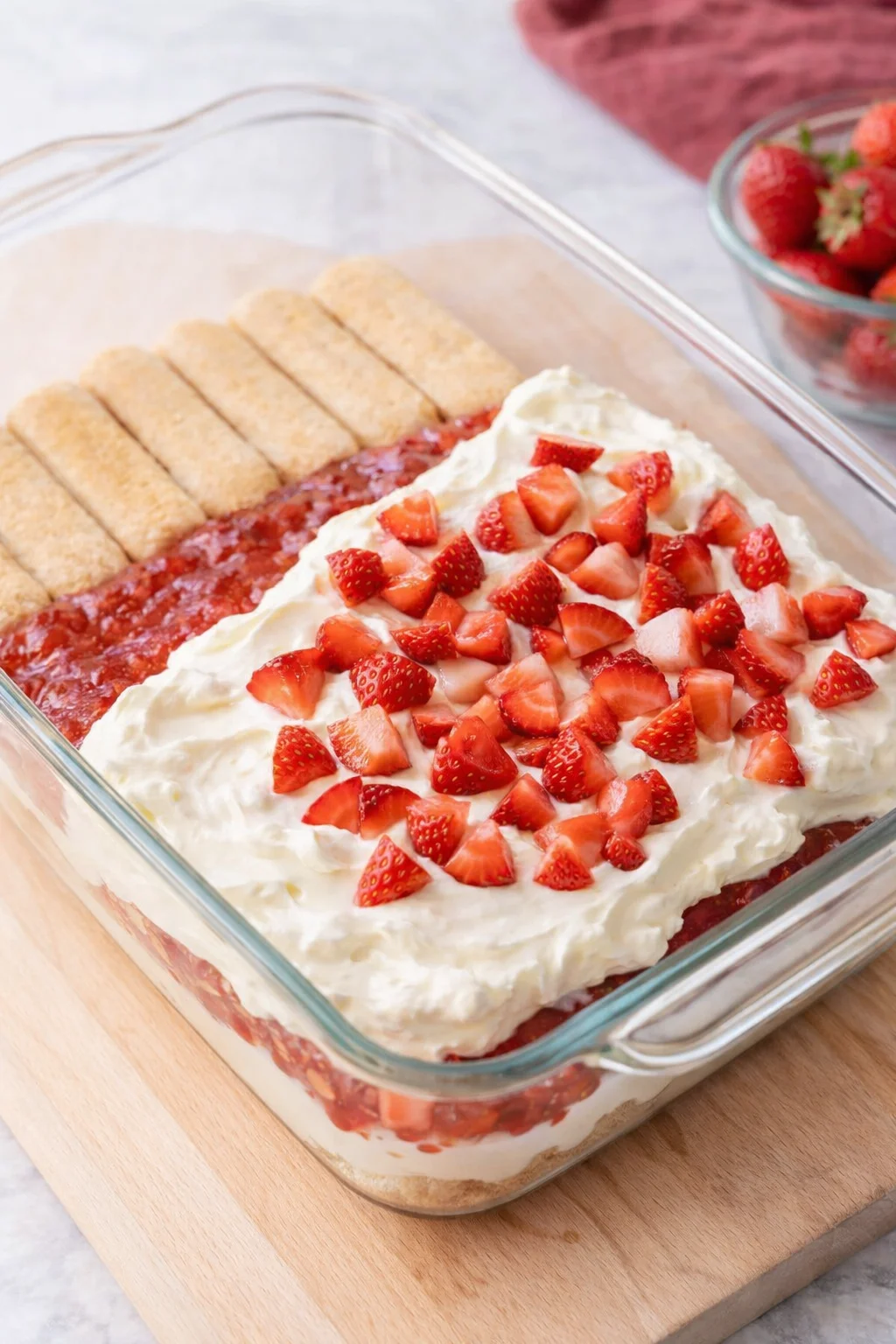 Single layer of syrup-damp ladyfingers in pan being topped evenly with chilled strawberry jam and mascarpone cream