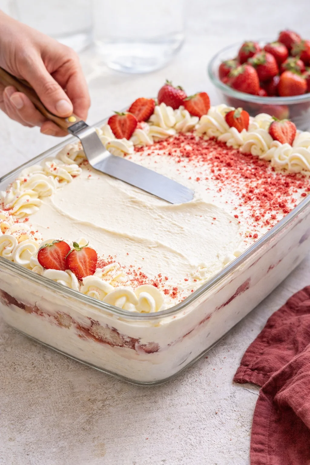 Assembled tiramisu smoothed on top and decorated with chantilly cream, crushed freeze-dried bits, and sliced strawberries