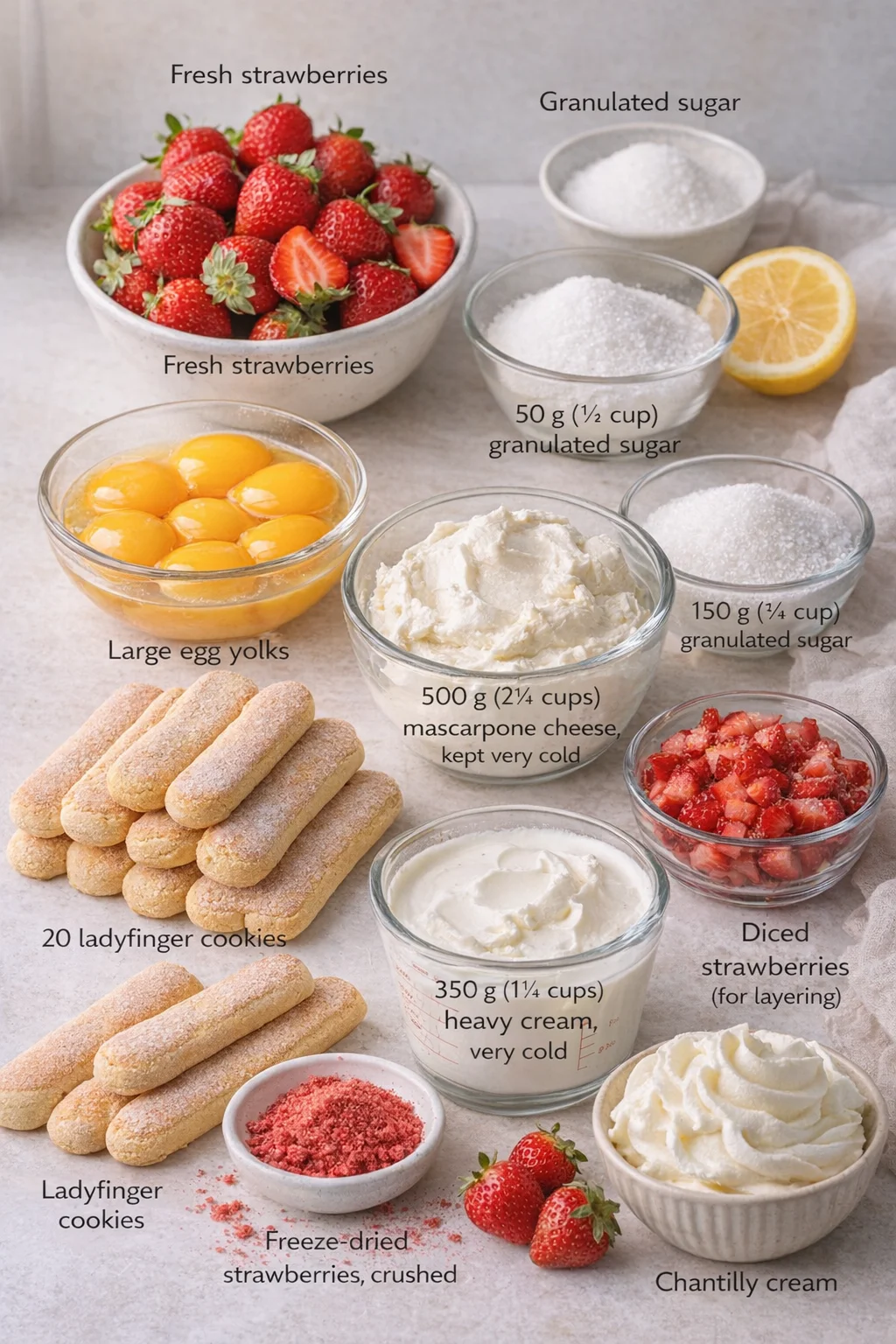 Measured ingredients arranged for Strawberry Tiramisu: 300 g (about 2 cups) fresh strawberries, 50 g (¼ cup) granulated sugar, adjust depending on strawberry sweetness, 1 tablespoon fresh lemon juice, 6 large egg yolks, 