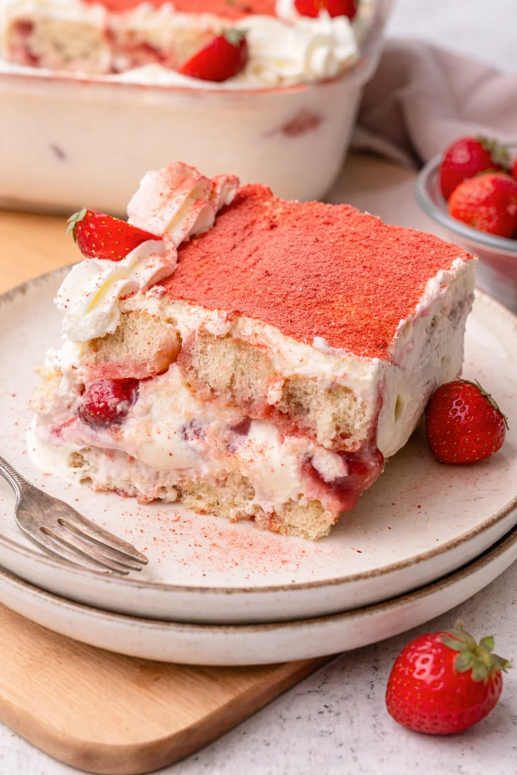 Final plated Strawberry Tiramisu served as a hero shot