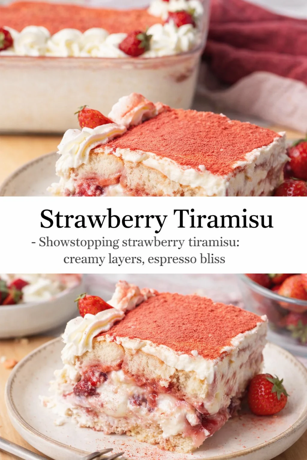 Pinterest-style image for Strawberry Tiramisu with centered text overlay