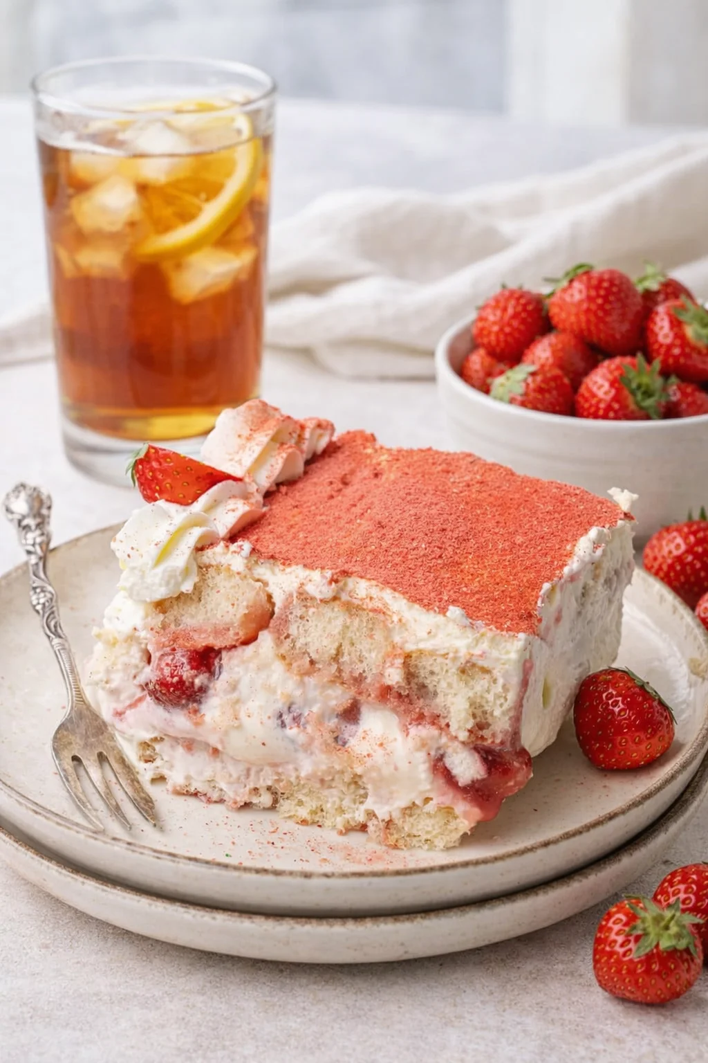 Alternative angle of Strawberry Tiramisu served with a pairing