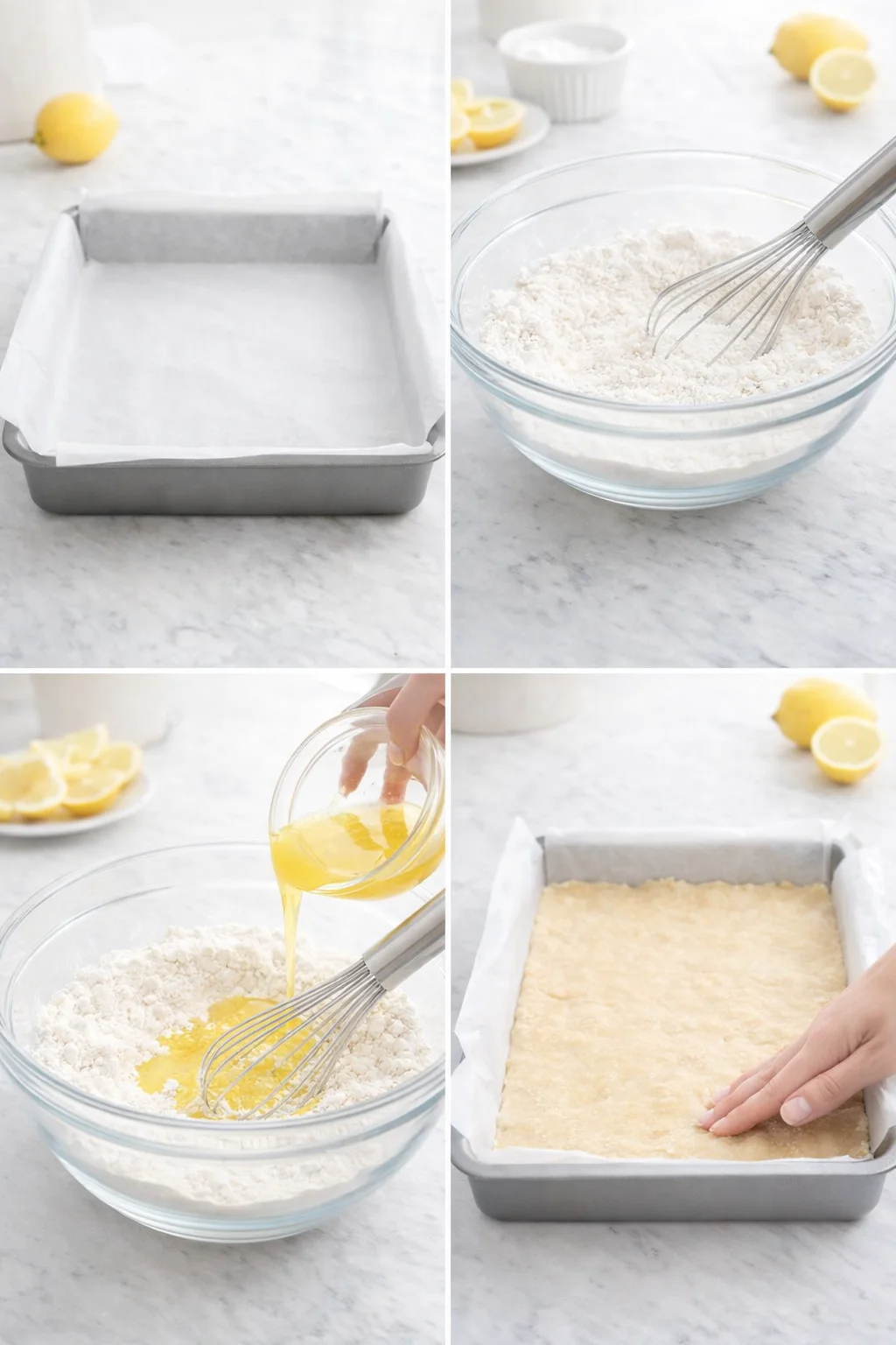 Hands pressing crumbly shortbread dough evenly into parchment-lined 9x13 baking pan.