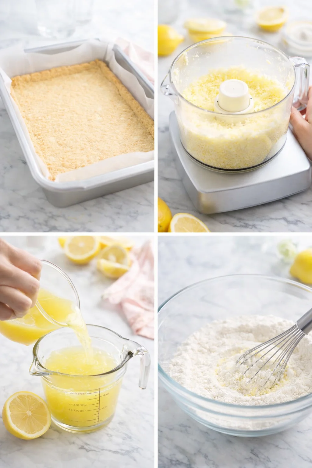 Food processor bowl with lemon zest mixed into sugar, and flour whisked in a mixing bowl.