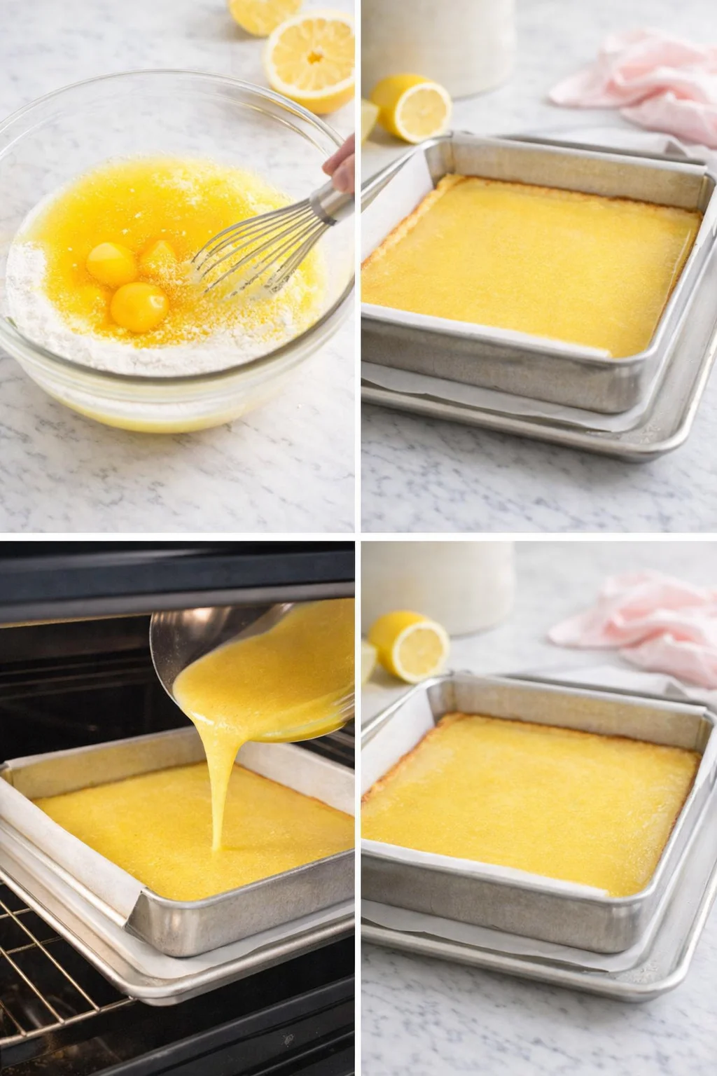 Smooth lemon custard being poured over warm baked crust in parchment-lined pan.