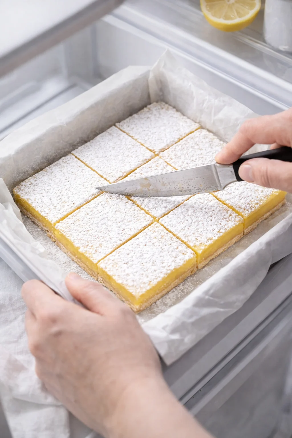 Powdered-sugar-dusted lemon bars being sliced with a damp, wiped knife.