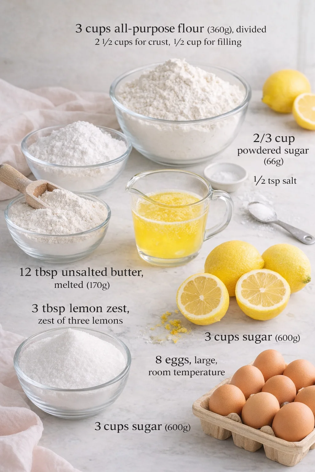 Measured ingredients arranged for Lemon Bars: 3 cups all-purpose flour 360g, divided 2 1/2 cups for crust and 1/2 cup for filling, 2/3 cups powdered sugar 66g, for the shortbread, plus more for dusting, 1/2 tsp salt, 12 