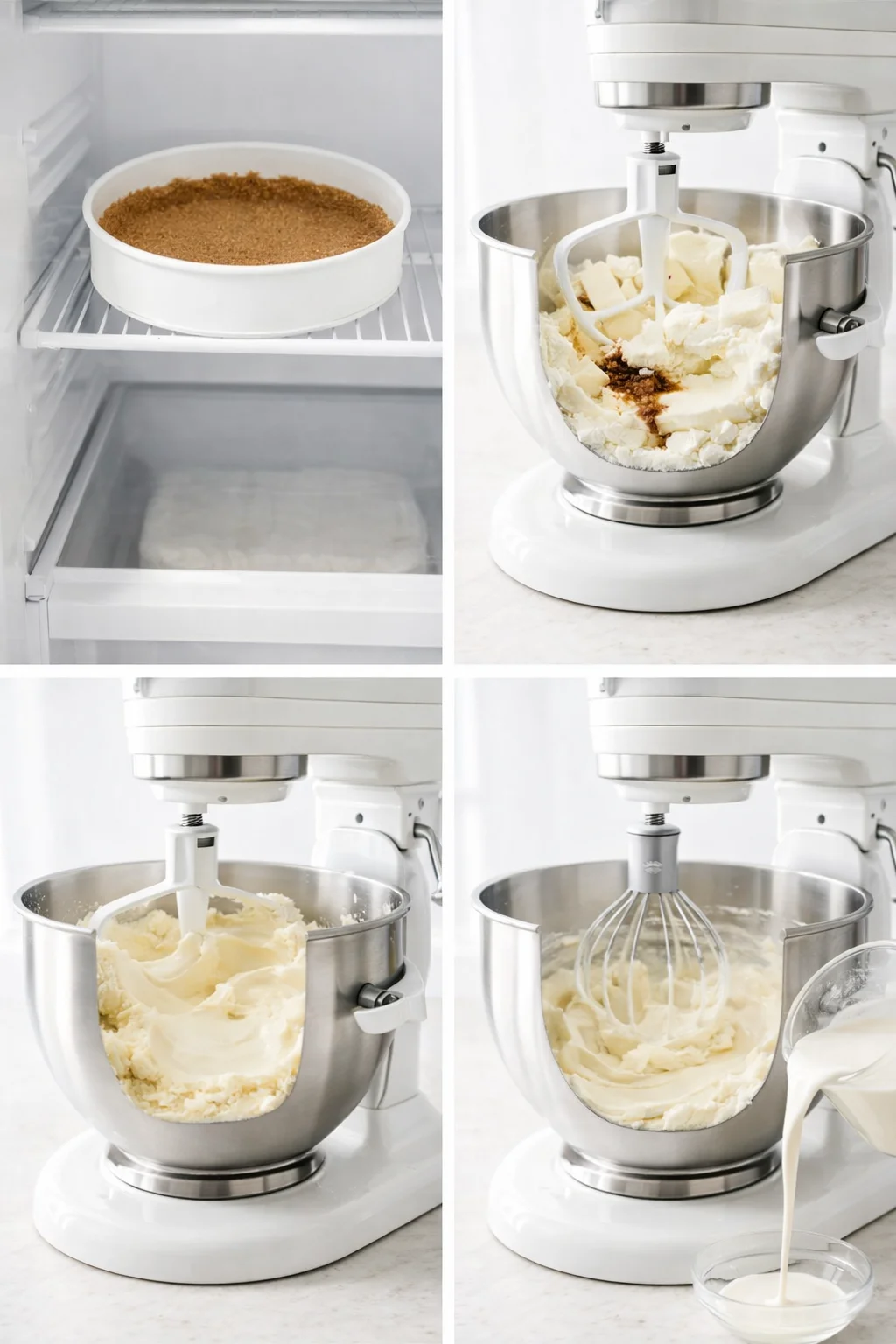 Stand mixer bowl with cream cheese, sugar, lemon, and vanilla being mixed, heavy cream ready to pour