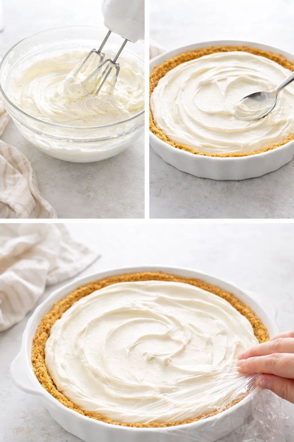 Whipped cheesecake filling being spooned and smoothed into chilled crust, creating swoops and swirls