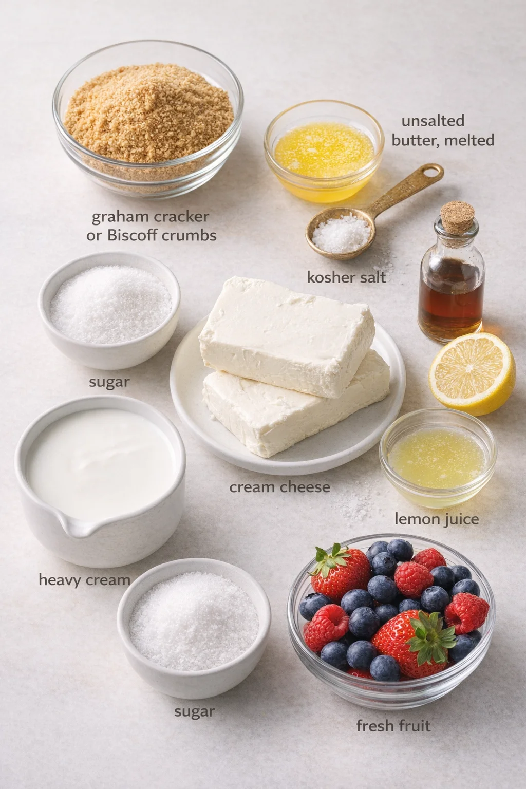 Measured ingredients arranged for Easy No-Bake Cheesecake Recipe: 8 3/4 ounces graham cracker or Biscoff crumbs (see note), store-bought or homemade (about 2 cups; 250 g), 2 1/2 ounces unsalted butter, melted (about 5 ta