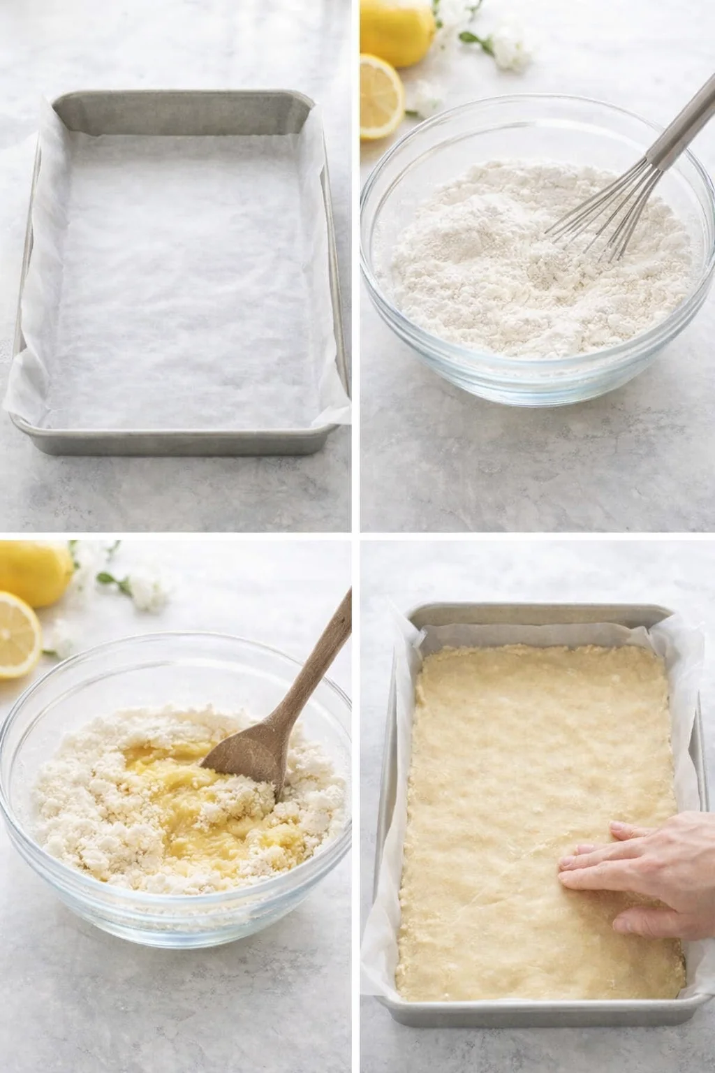 Shortbread crust mixture pressed evenly into a parchment-lined 9x13-inch baking pan.