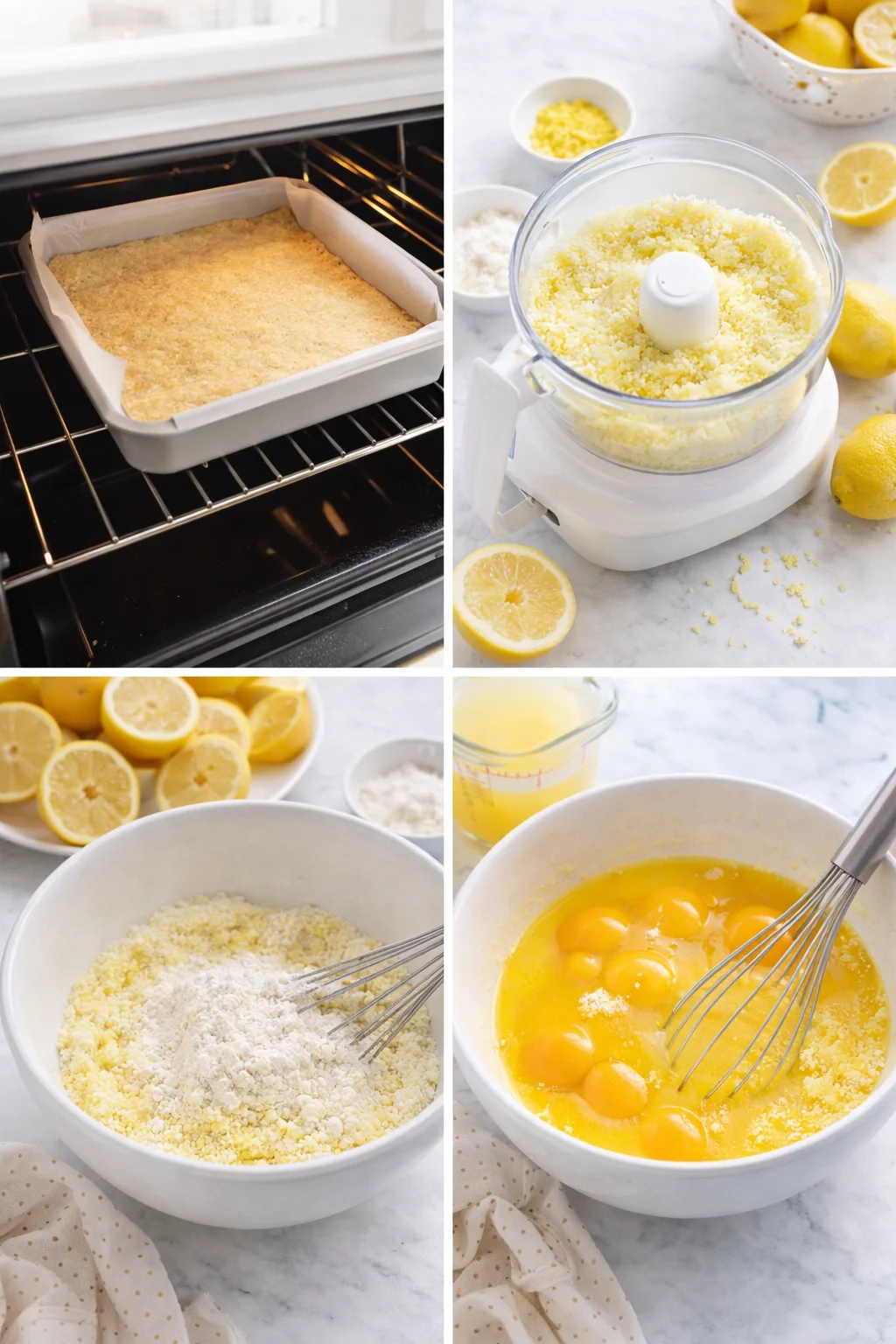 Grated lemon zest combined with sugar, then whisked with lemon juice and eggs into smooth filling.