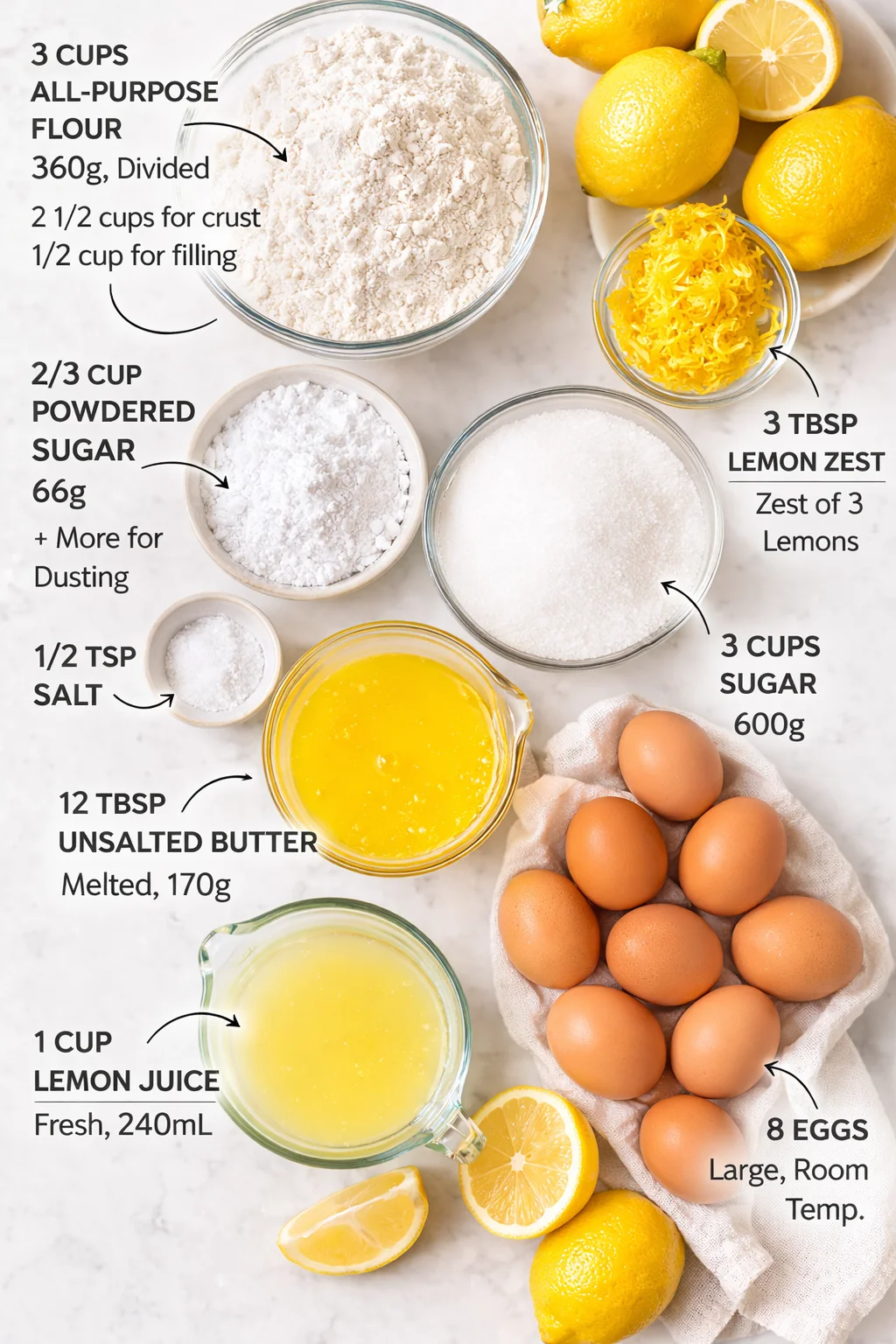 Measured ingredients arranged for Lemon Bars: 3 cups all-purpose flour 360g, divided 2 1/2 cups for crust and 1/2 cup for filling, 2/3 cups powdered sugar 66g, for the shortbread, plus more for dusting, 1/2 tsp salt, 12 