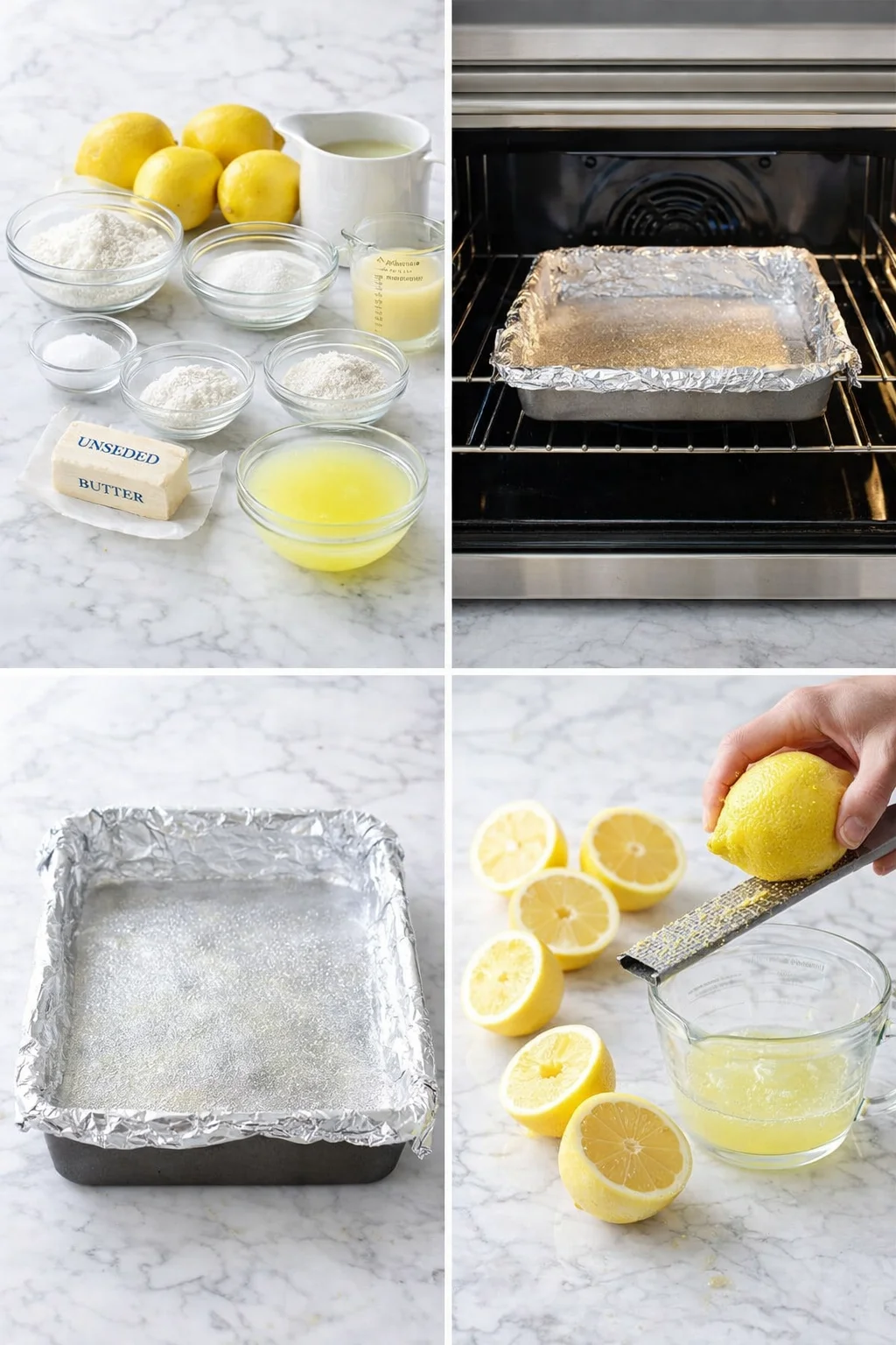 Ingredients spread on counter, foil-lined sprayed pan, and lemons being zested and juiced