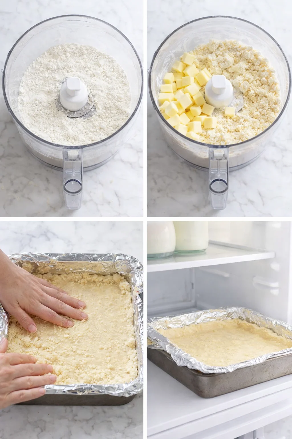 Coarse buttery crust mixture pressed firmly into foil-lined pan, forming a three-quarter-inch edge