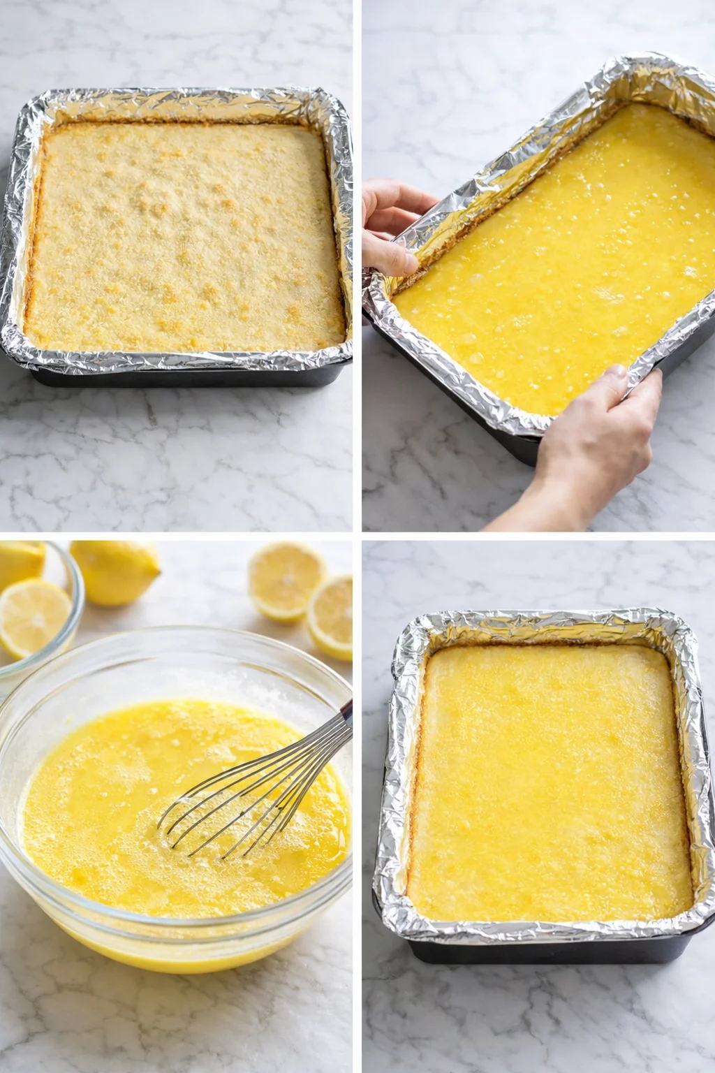 Smooth lemon filling being poured over hot, lightly golden shortbread crust in baking pan