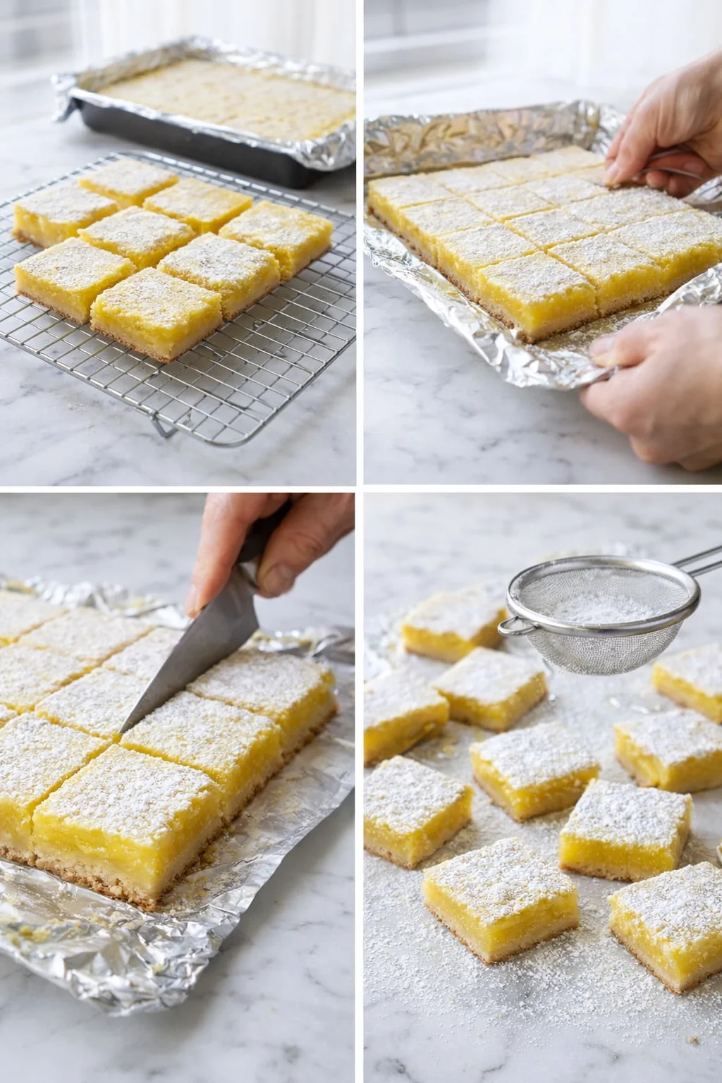 Cooled lemon bars lifted from pan, sliced into squares, and dusted with confectioners' sugar