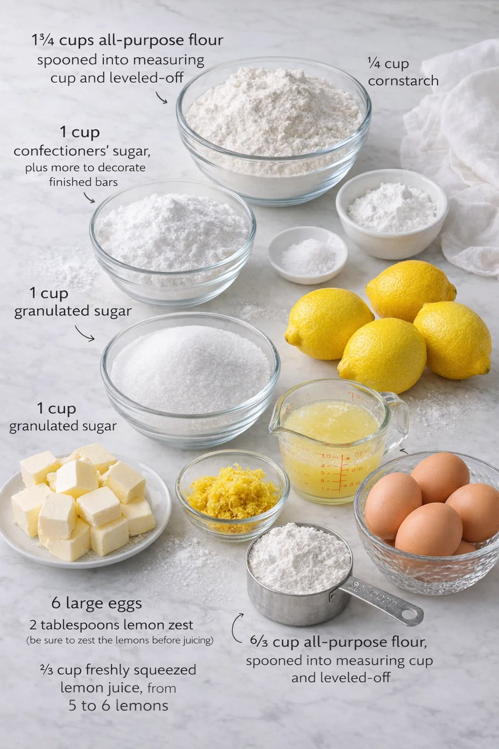 Measured ingredients arranged for Best Ever Lemon Bars with Buttery Shortbread Crust: 1¾ cups all-purpose flour, spooned into measuring cup and leveled-off, ¼ cup cornstarch, 1 teaspoon salt, 1 cup confectioners' sugar, 