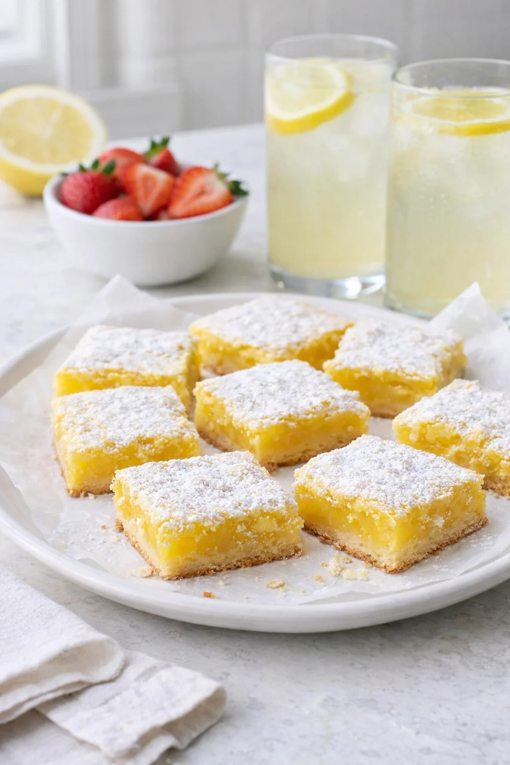 Alternative angle of Best Ever Lemon Bars with Buttery Shortbread Crust served with a pairing