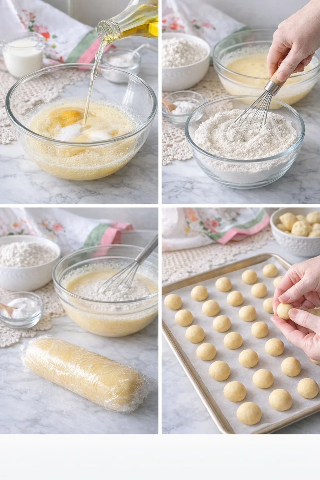 Plastic-wrapped dough cylinder beside uniform 1-inch dough balls arranged on a parchment-lined baking sheet.