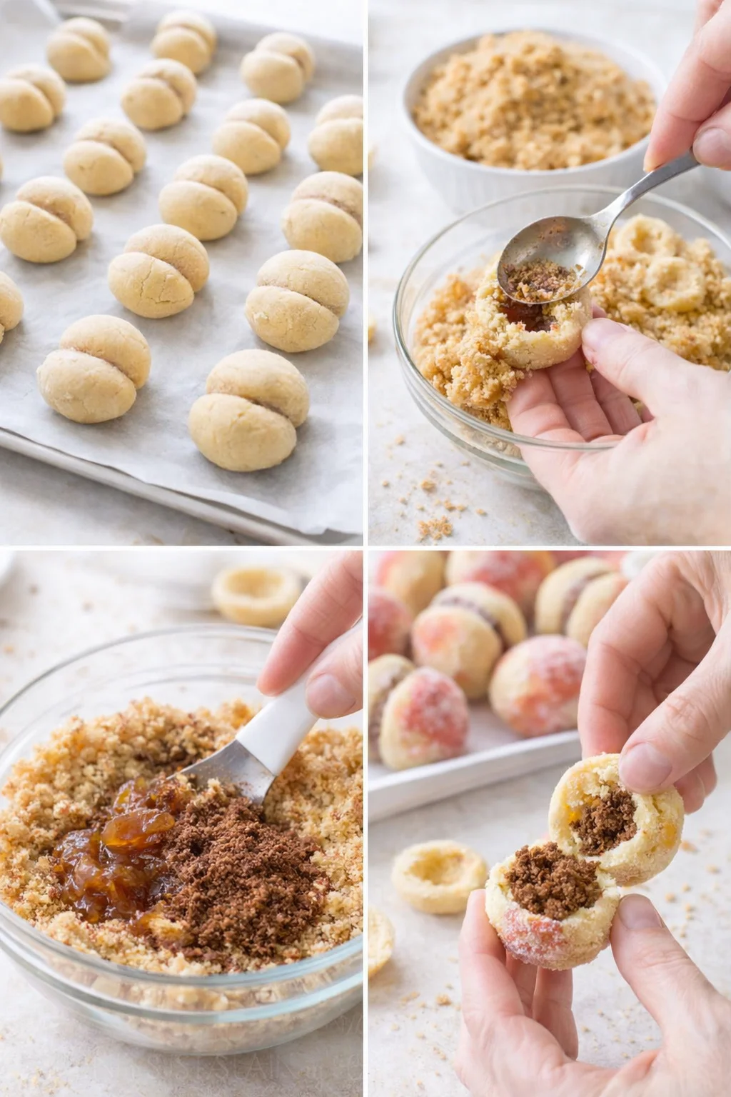 Two cookie halves being filled with apricot jam mixture and pressed together into peach shapes.