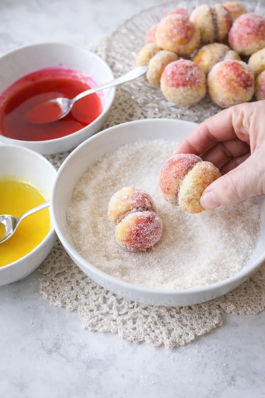 Assembled cookies being brushed with red and yellow glazes, blending colors before sugar coating.