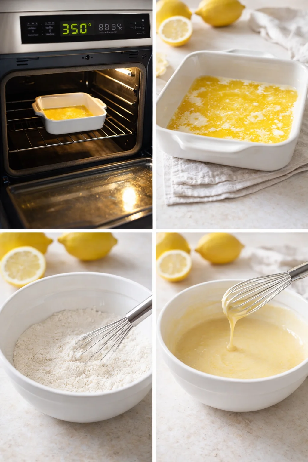 Mixing bowl with whisked dry ingredients and wet buttermilk mixture beside dish of melted butter.