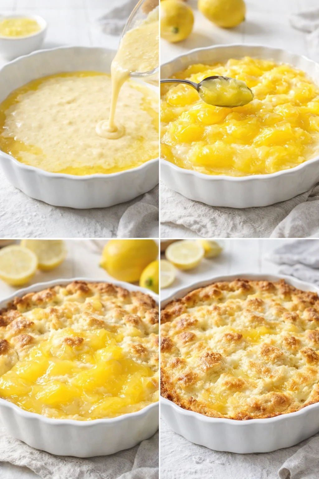 Spoon drizzling bright lemon pie filling over batter in baking dish, edges starting to bubble.