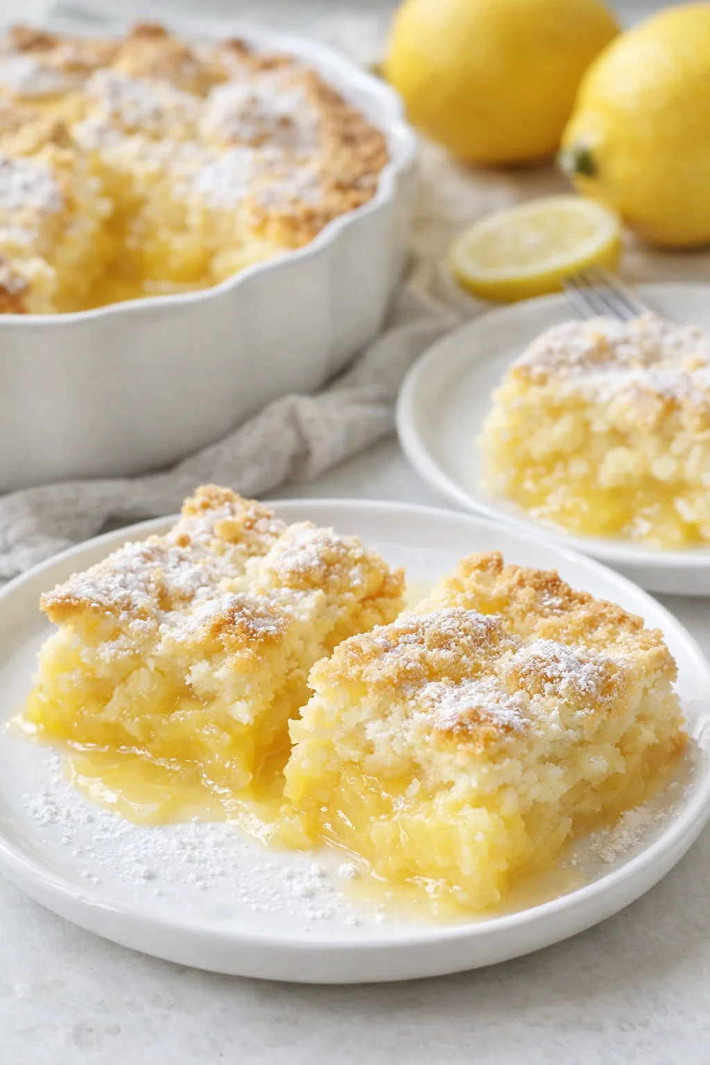A golden lemon cobbler being cut into square servings, steam rising from warm slices.