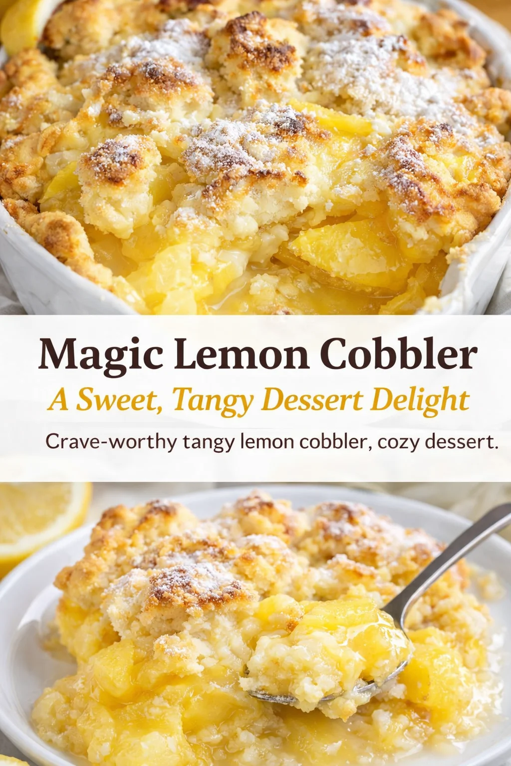 Pinterest-style image for Magic Lemon Cobbler: A Sweet, Tangy Dessert Delight with centered text overlay