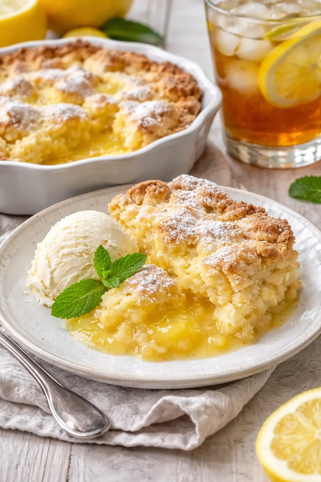 Alternative angle of Magic Lemon Cobbler: A Sweet, Tangy Dessert Delight served with a pairing