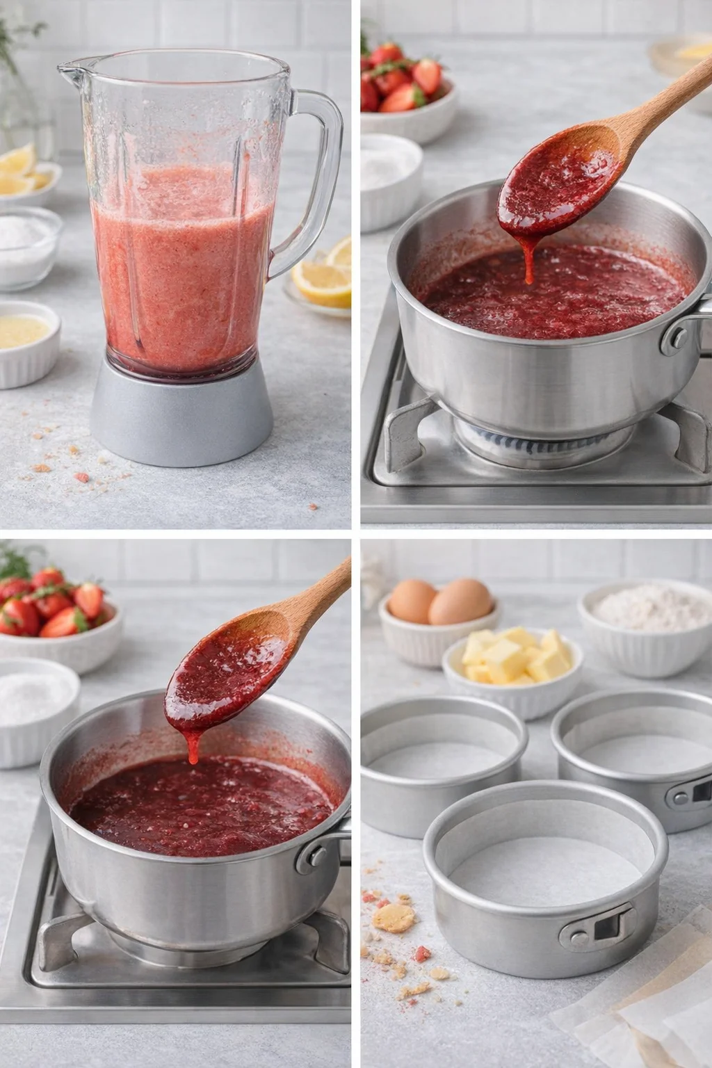 A blender pureeing strawberries, saucepan simmering bright red reduction, and greased lined cake pans.
