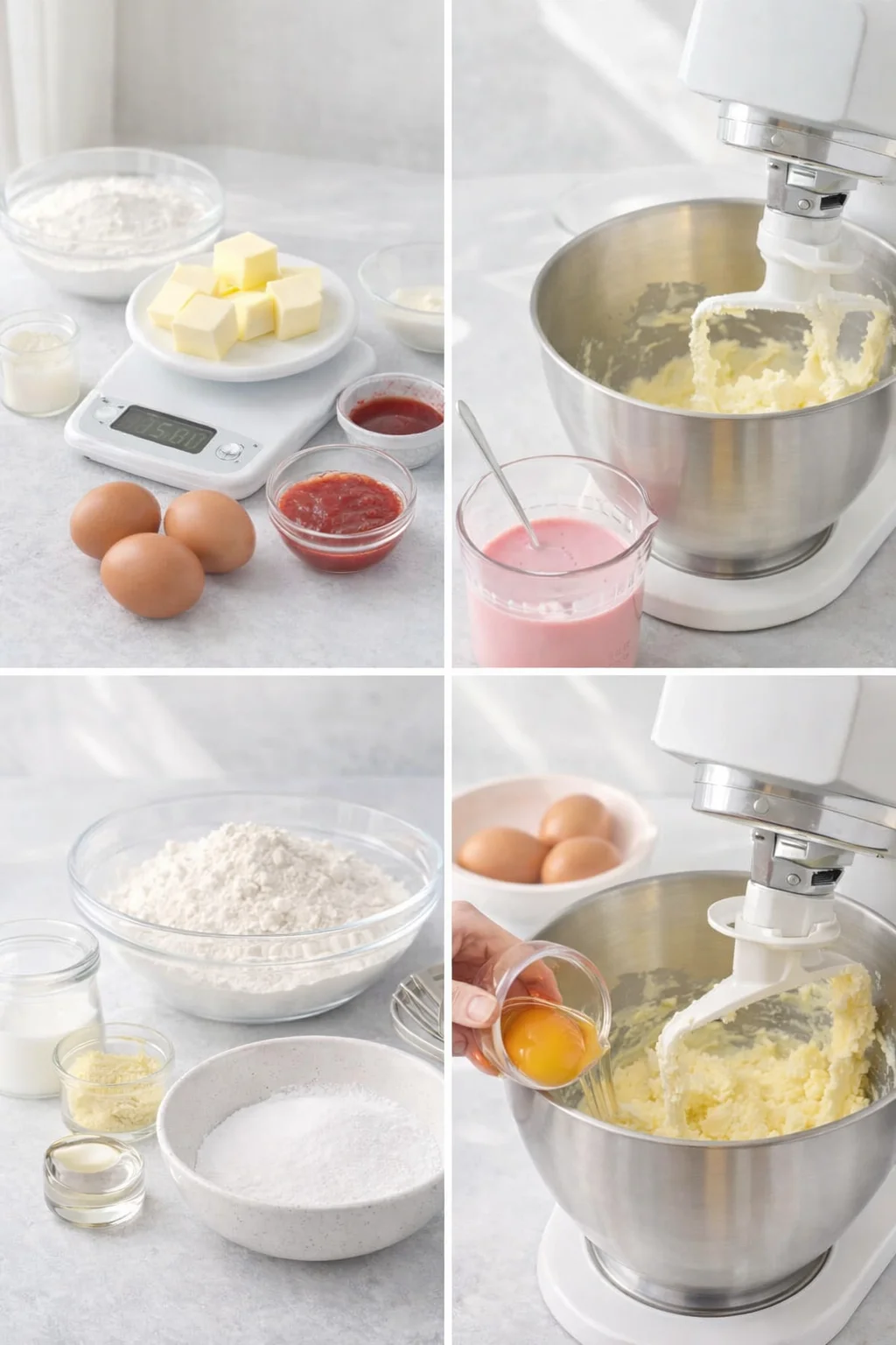 Weighing bowls on a digital scale, pink-colored milk being mixed, and butter creamed with sugar.