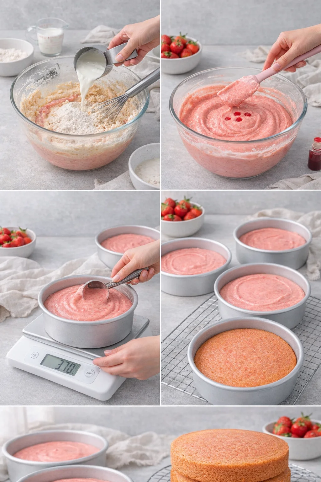 Batter being layered into pans with pale pink batter scooped, then cooling on a wire rack.