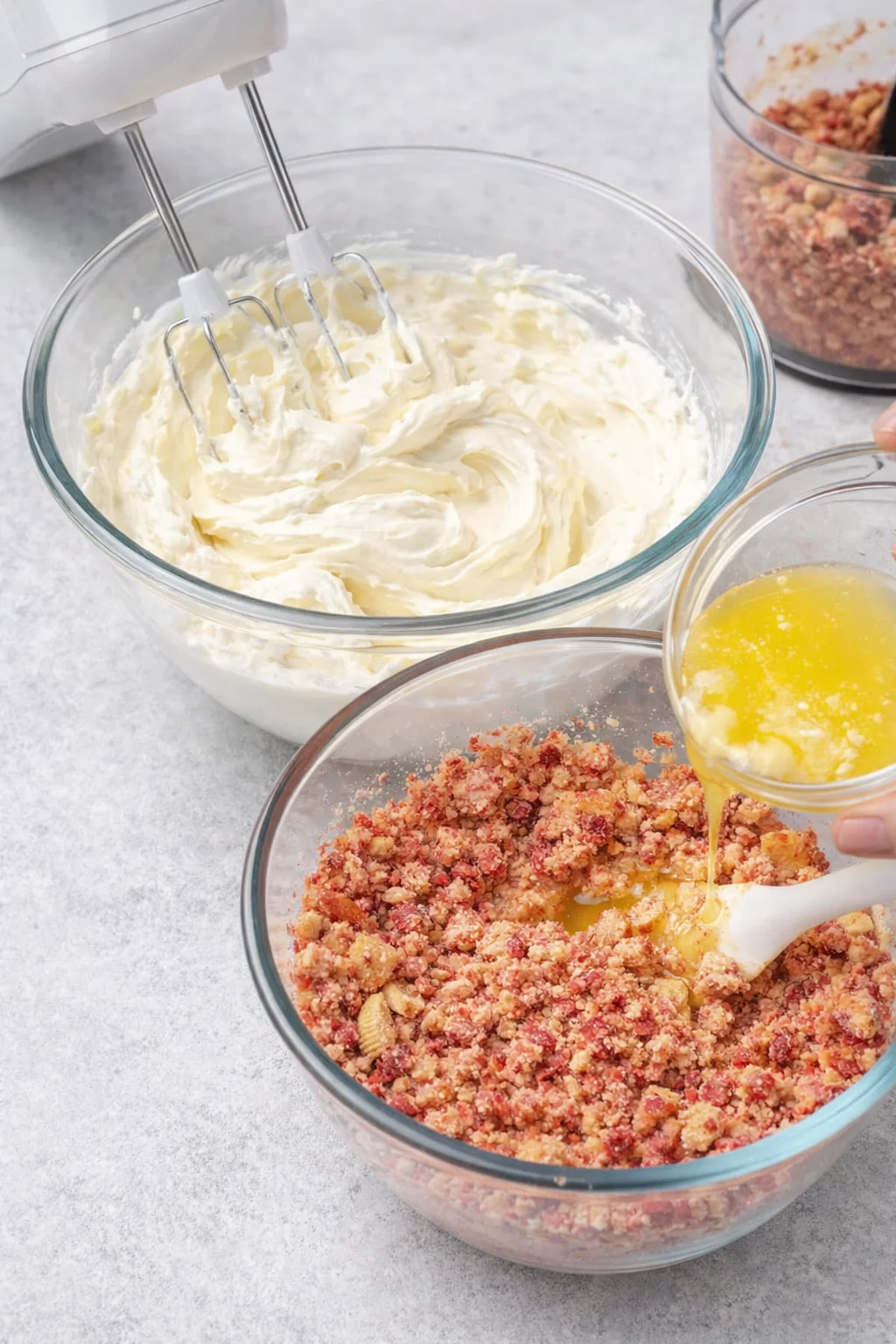 Mixer whipping creamy mascarpone filling, crushed Oreos and freeze-dried strawberries mixed with butter.