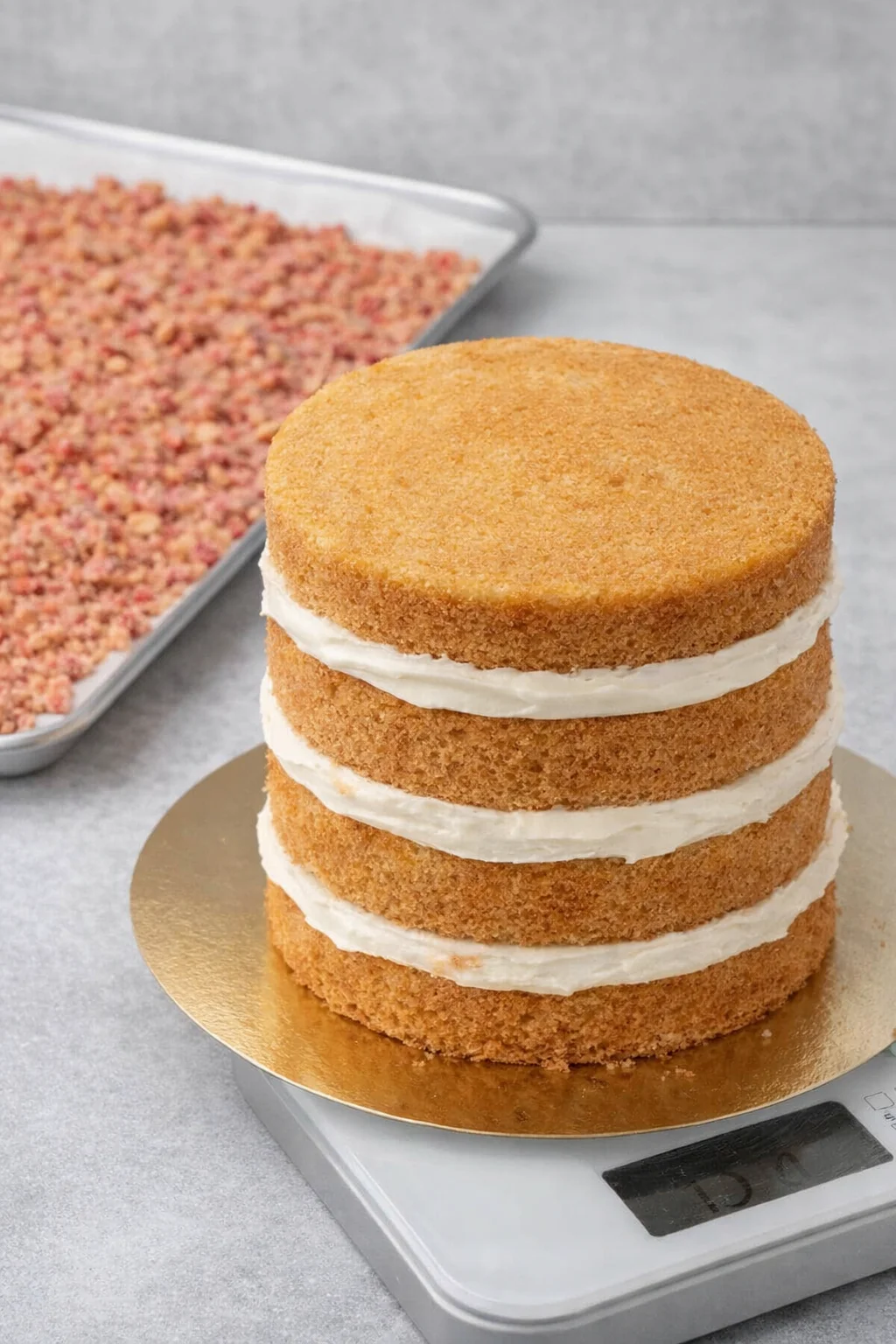 Stacked cake layers being frosted with measured frosting and chilled tray with crumble chunks.