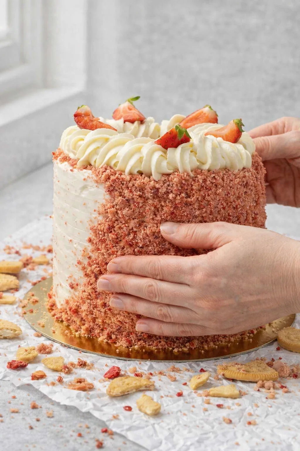 Crumb-coated cake pressed with strawberry crunch on sides, then piped swirls atop.