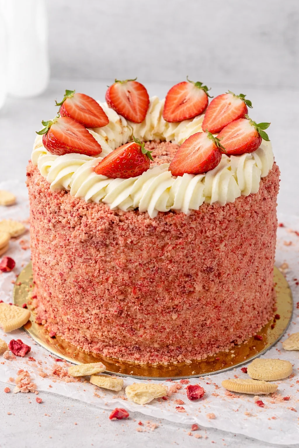 Fresh strawberry halves artistically arranged on the cake's top as finishing garnish.