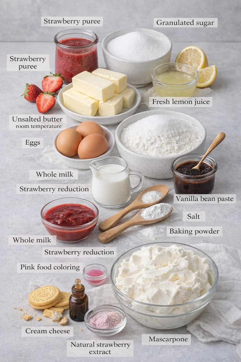 Measured ingredients arranged for The Ultimate Strawberry Crunch Cake (VIDEO) - Spatula Desserts: 135 g (½ cup) Strawberry puree, fresh or frozen, 30 g (2 tablespoons) Granulated sugar, 8 g (1½ tablespoons) Fresh lemon j