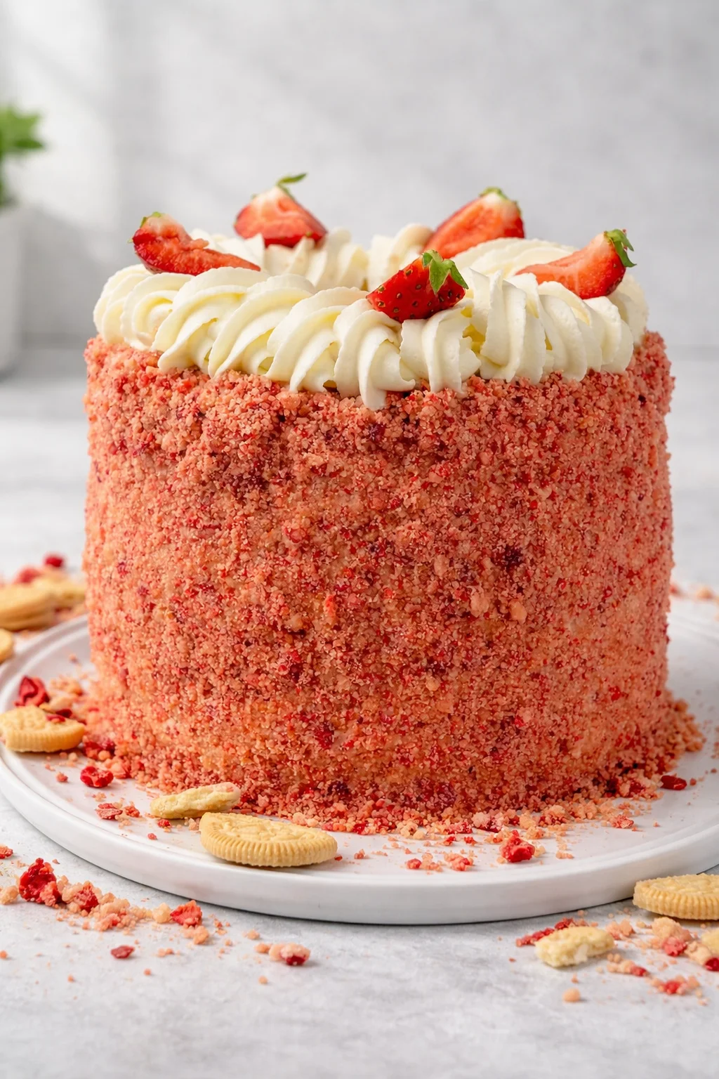 Final plated The Ultimate Strawberry Crunch Cake (VIDEO) - Spatula Desserts served as a hero shot