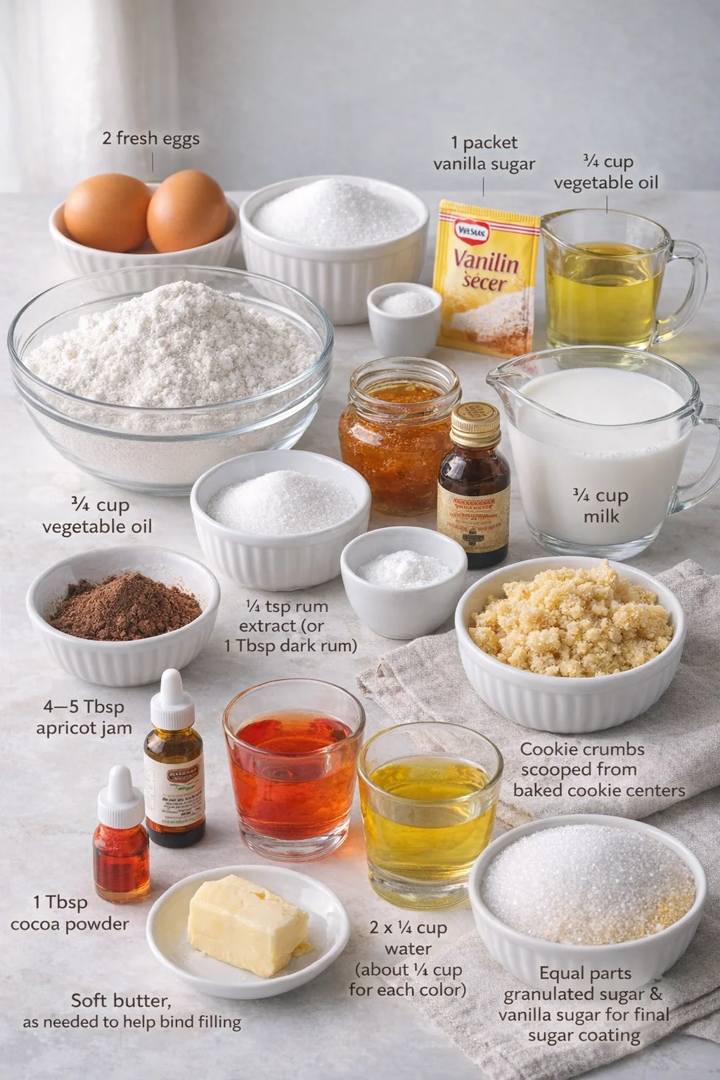 Measured ingredients arranged for Breskvice Recept: Croatian Peach Cookies: 2 fresh eggs, ½ cup granulated sugar, 1 packet vanilla sugar, ¾ cup vegetable oil, ½ cup milk, 3½ cups all-purpose flour