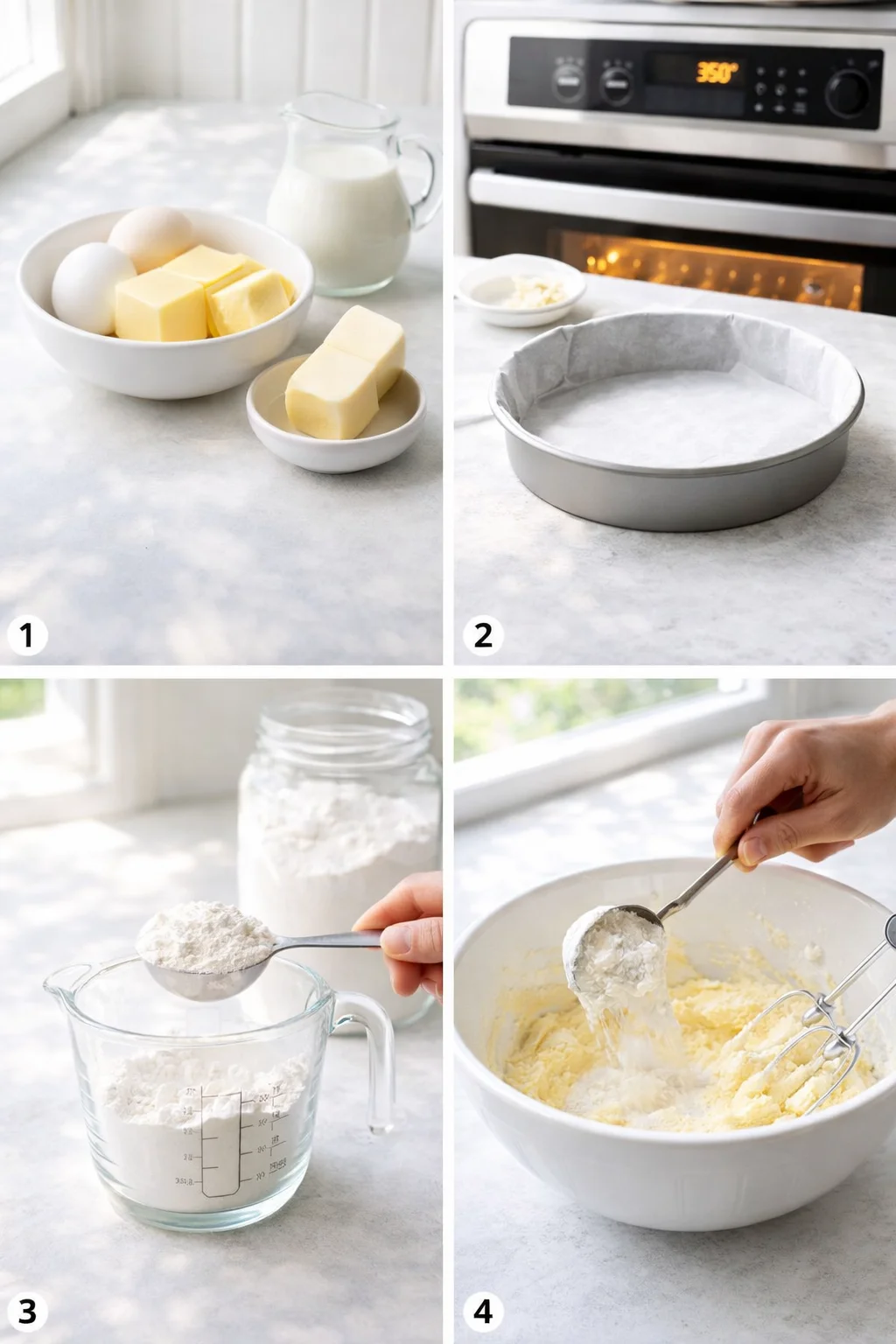 Softened butter and sugar beaten pale and fluffy in a large bowl, eggs and greased pan nearby.