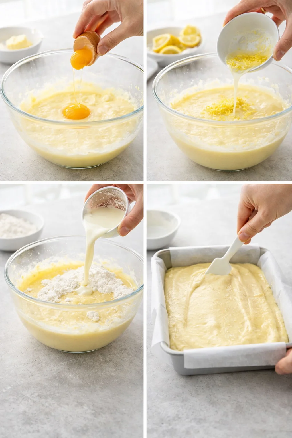 Smooth shiny batter with lemon zest mixed in being poured and smoothed into prepared cake pan.