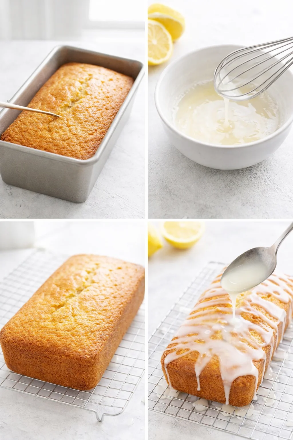 Golden cake cooling on a wire rack while glossy lemon glaze is drizzled over its top.